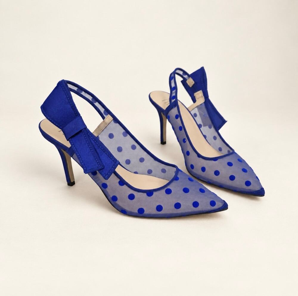 INC International Concepts Blue Polka Dot Mesh Bow Slingback Heels Size 7.5